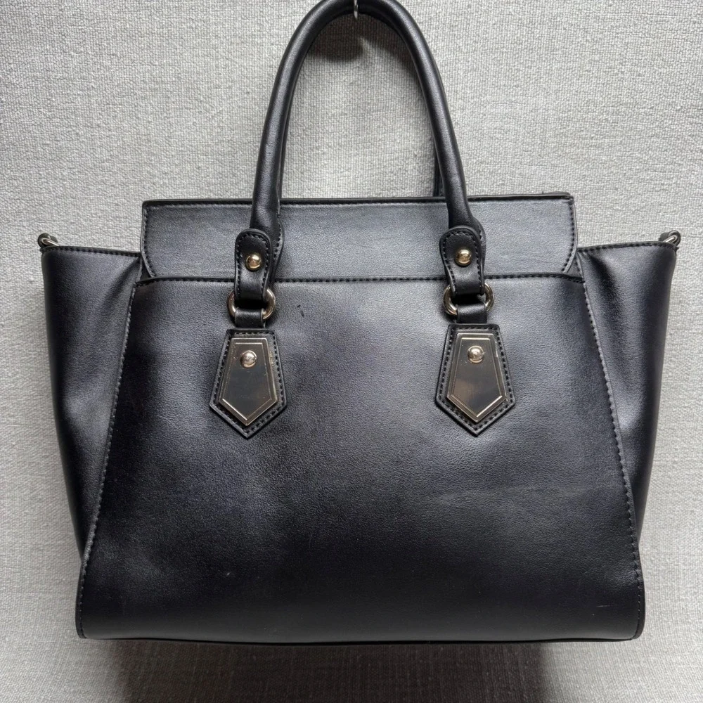 Black Faux Leather Satchel Handbag Large Tote Purse Gold Hardware Edgy Workwear